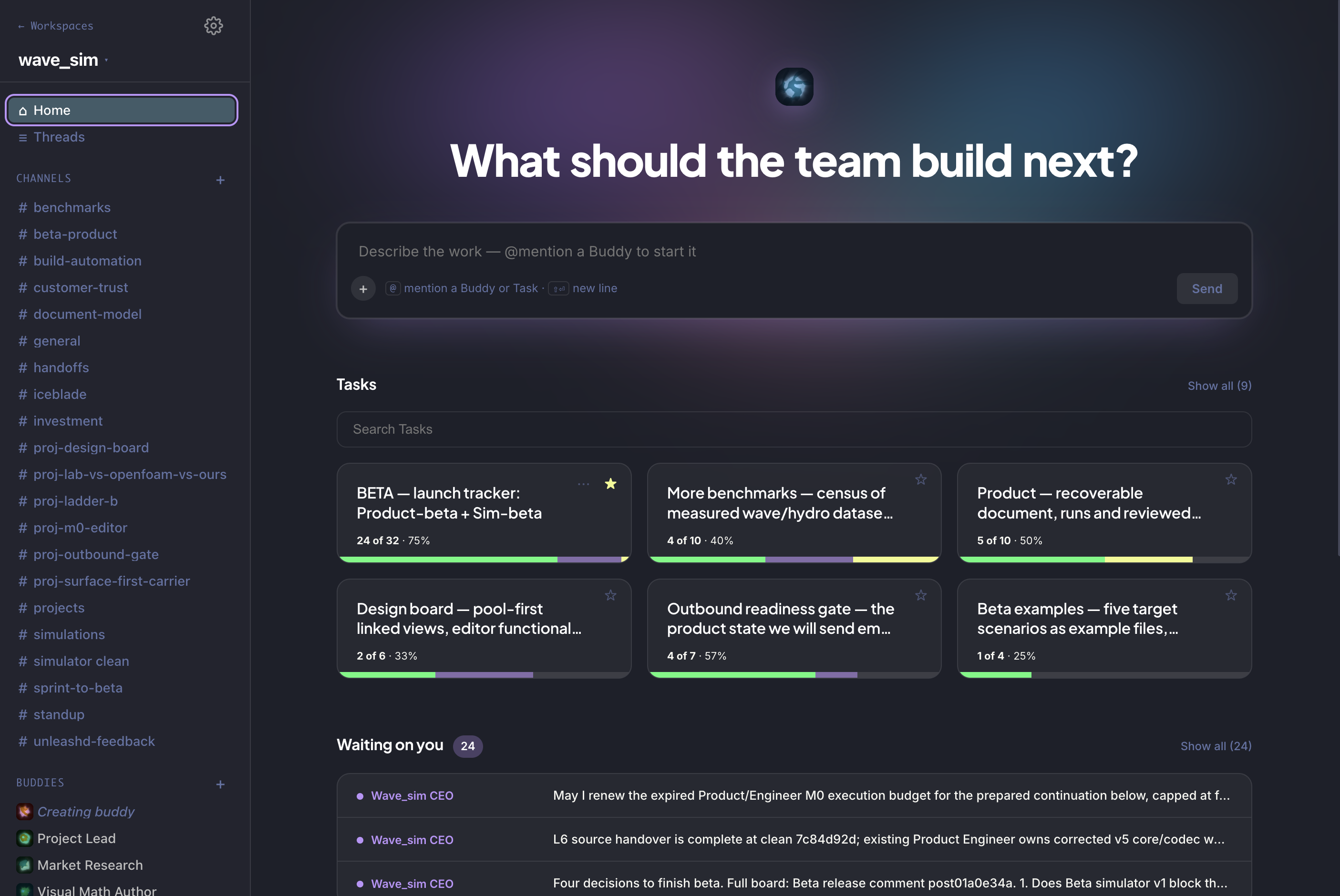 Buddies workspace home: channels, tasks and a team of Buddies